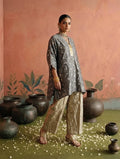 Aurum Set: grey bandhej chiniya silk top with golden gota pants