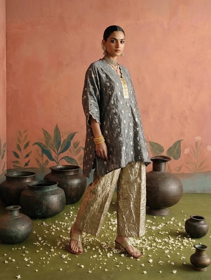 Aurum Set: grey bandhej chiniya silk top with golden gota pants