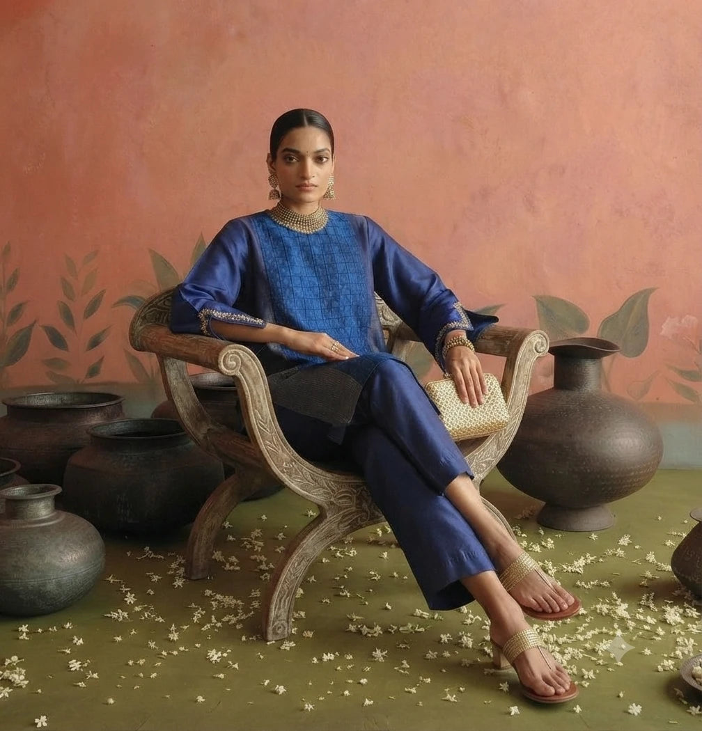 Gulnaar Set in blue: raw silk top with patola mosaic embroidery and matching pants