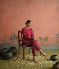 Gulnaar Set in magenta: raw silk top with patola mosaic embroidery and striped pants