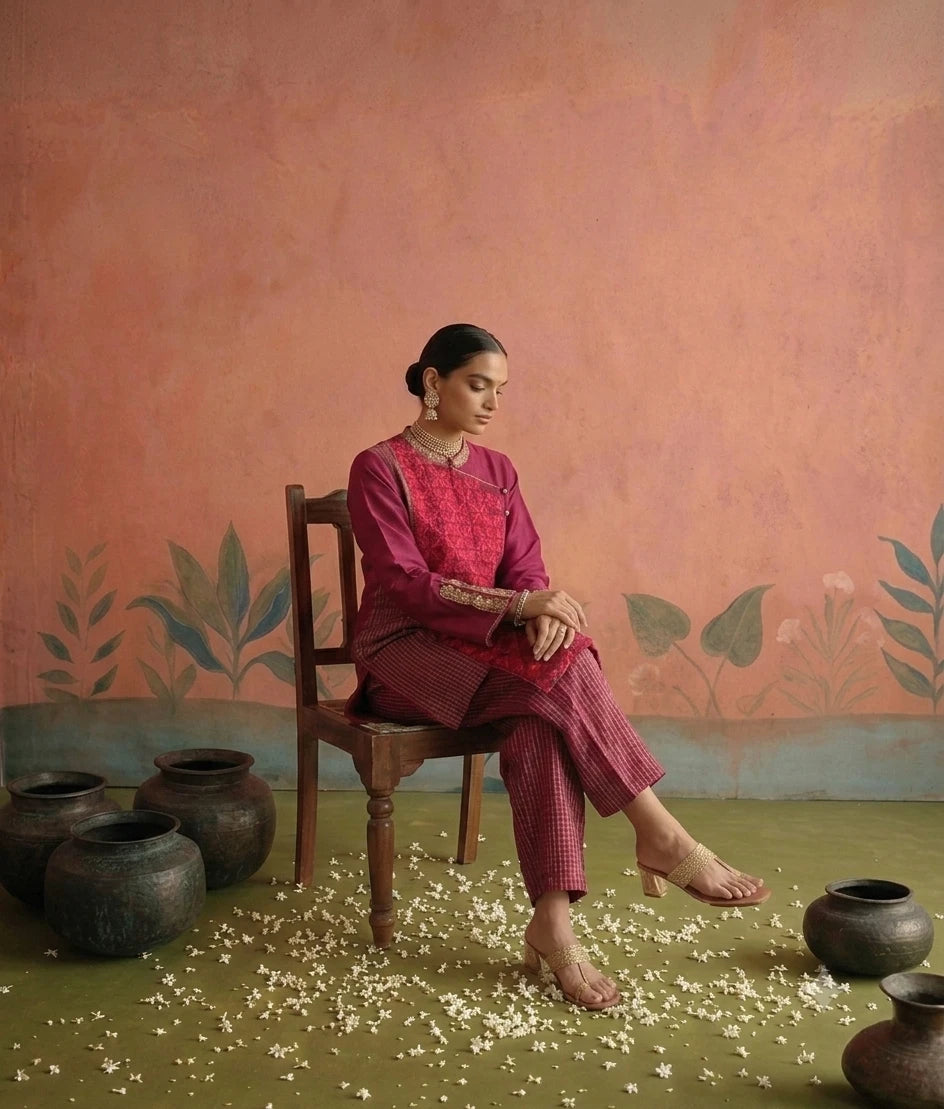 Gulnaar Set in magenta: raw silk top with patola mosaic embroidery and striped pants