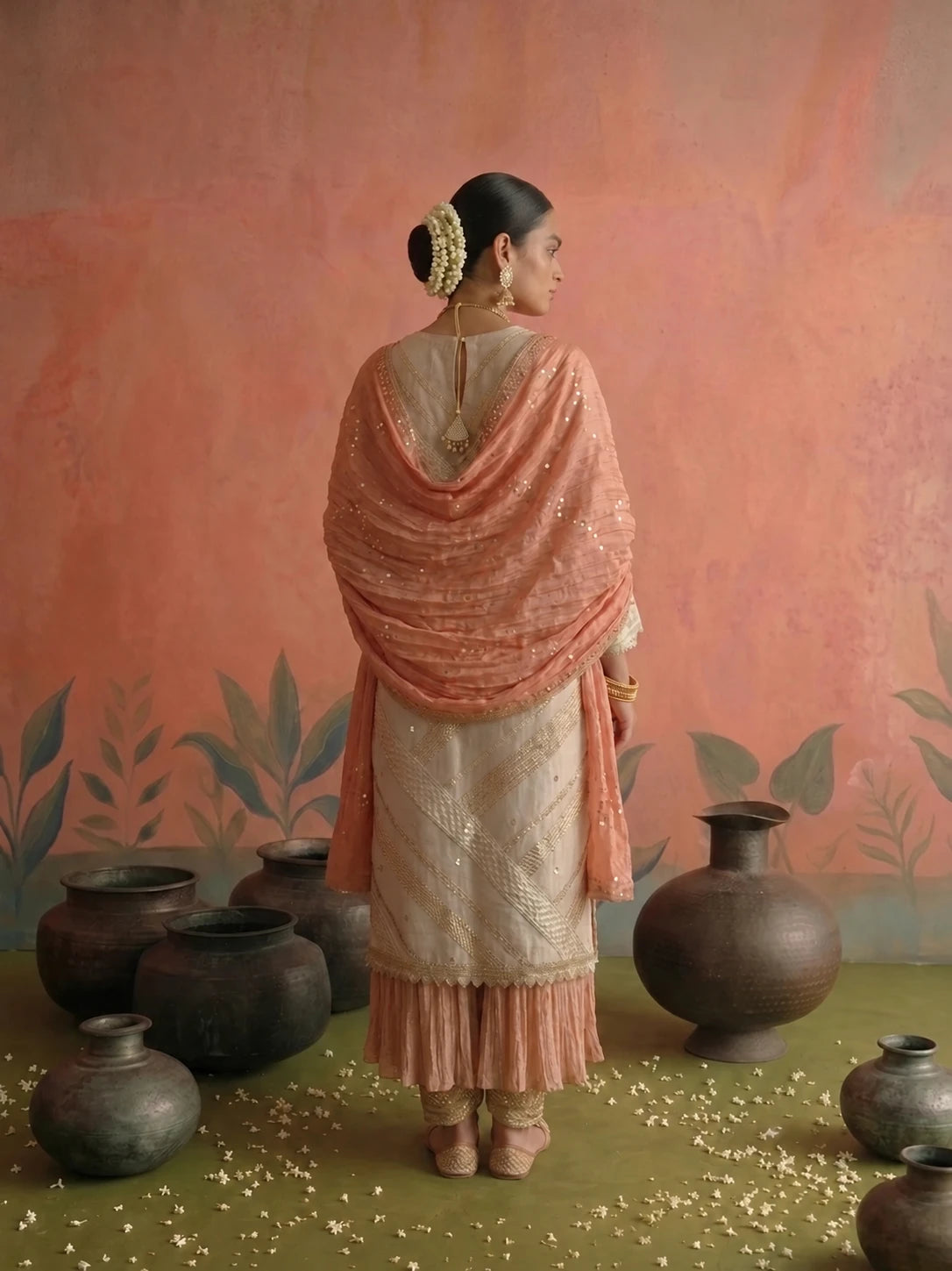 Noor Set: ivory chanderi top with zari gota detailing, peach crushed tissue inner and dupatta