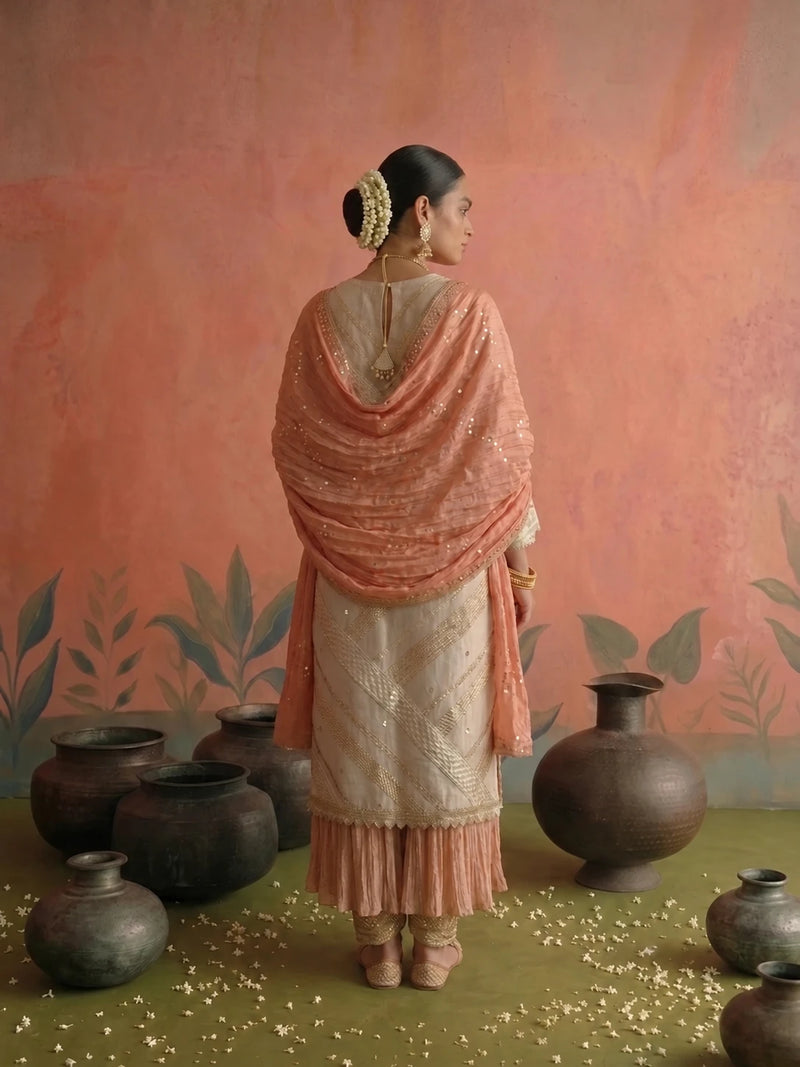 Noor Set: ivory chanderi top with zari gota detailing, peach crushed tissue inner and dupatta