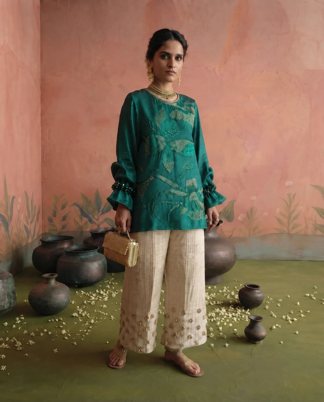 Pallavi Set in green: embroidered silk top with ruffled cuffs and cream chanderi pants