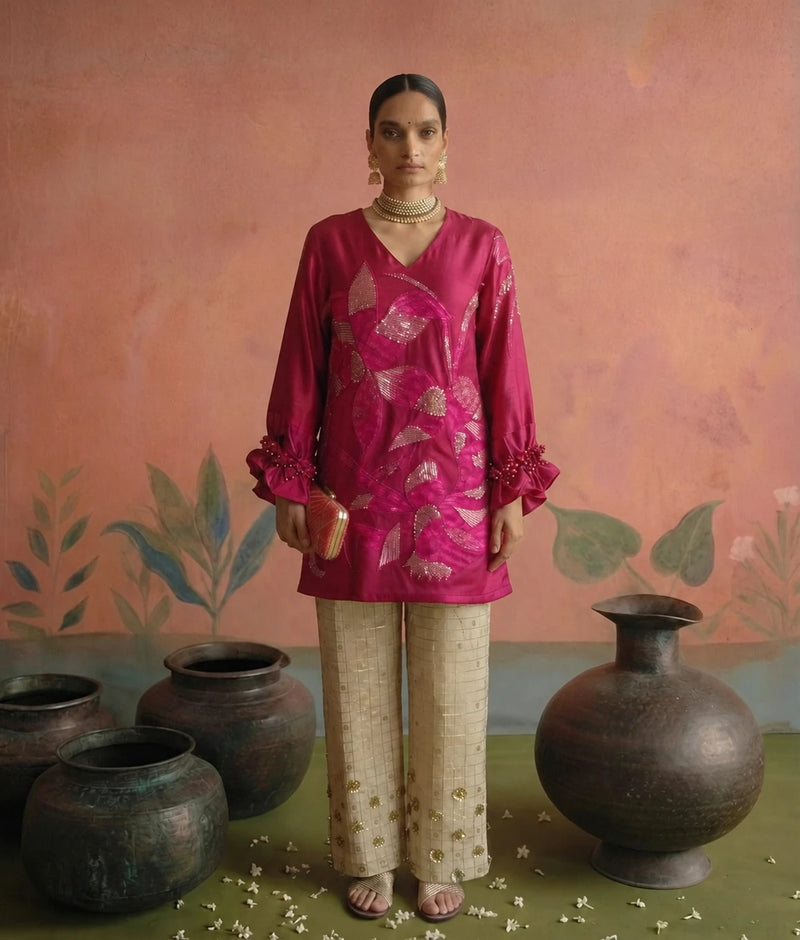 Pallavi Set in magenta: embroidered silk top with ruffled cuffs and cream chanderi pants