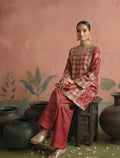 Saaz Set: red checked silk top with zardozi embroidery and striped tissue pants