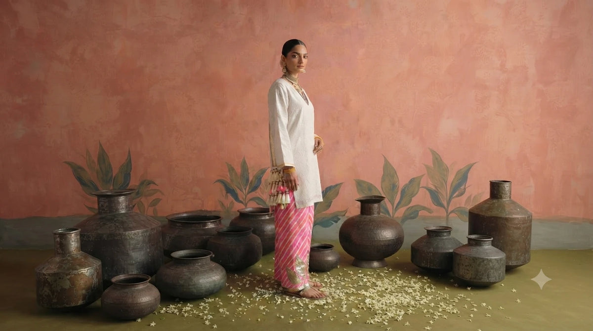 Model in a white embroidered kurta and pink leheriya pants among antique metal pots